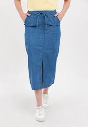 Chambray Midi Skirt with Elastic Waist