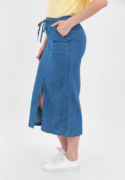 Chambray Midi Skirt with Elastic Waist
