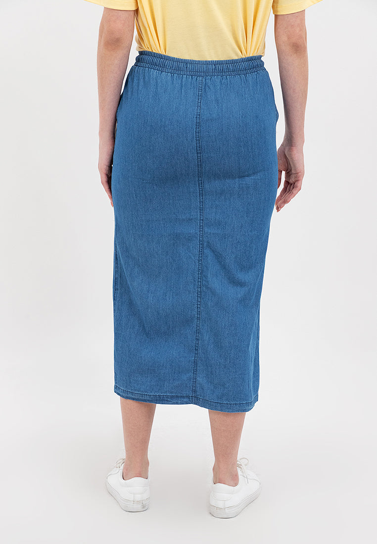 Chambray Midi Skirt with Elastic Waist