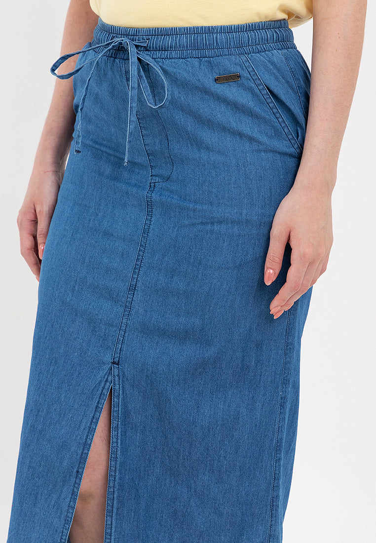 Chambray Midi Skirt with Elastic Waist