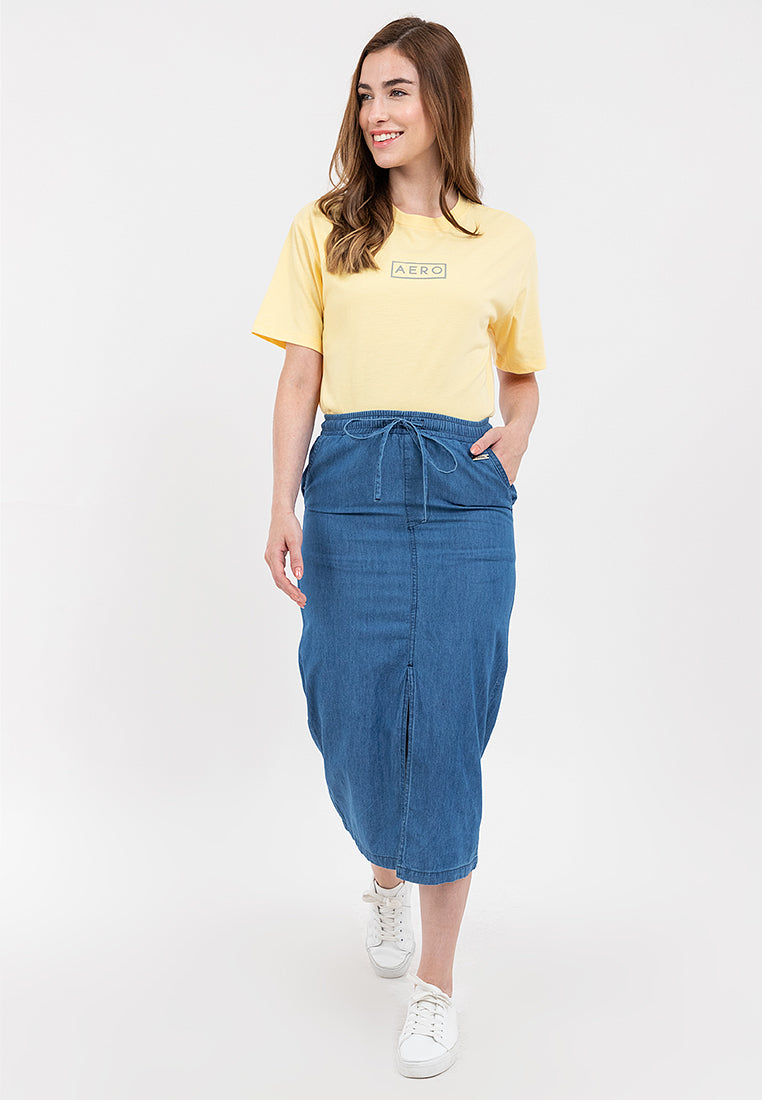 Chambray Midi Skirt with Elastic Waist