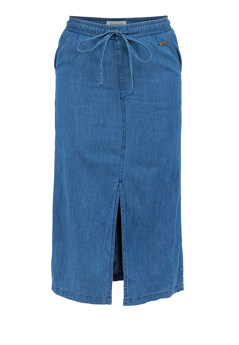 Chambray Midi Skirt with Elastic Waist