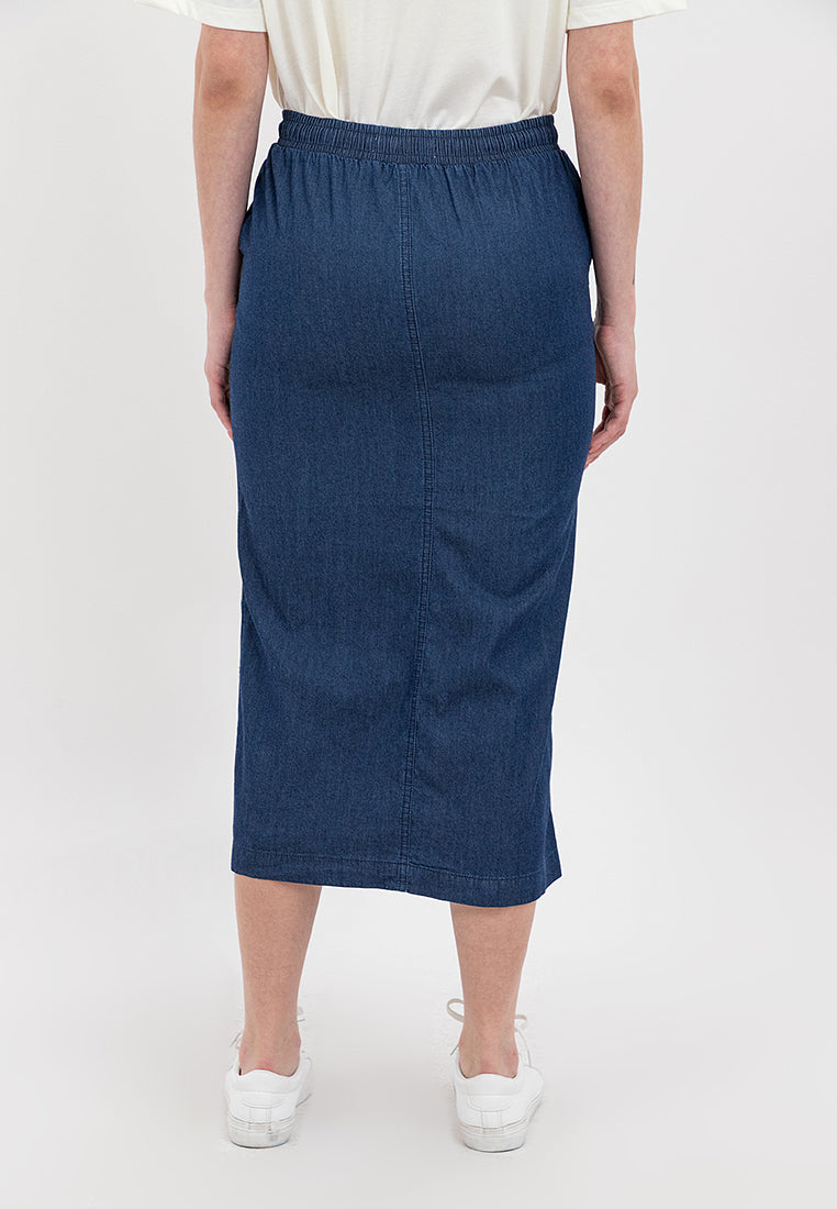 Chambray Midi Skirt with Elastic Waist