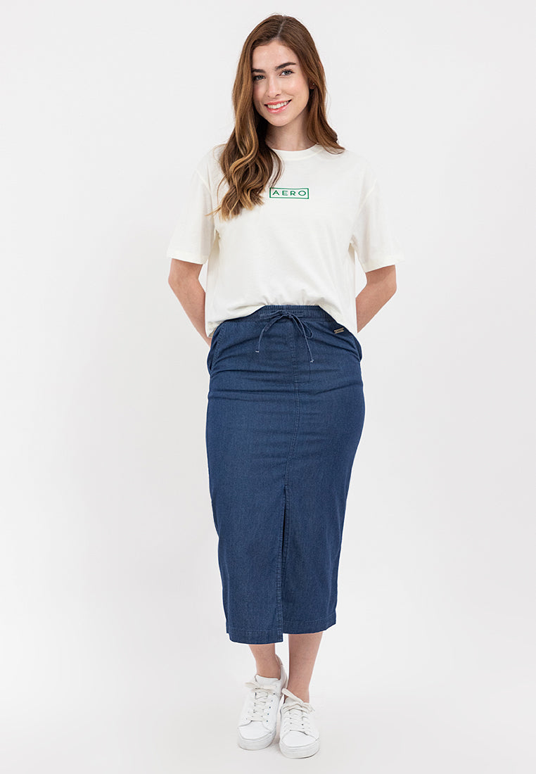 Chambray Midi Skirt with Elastic Waist