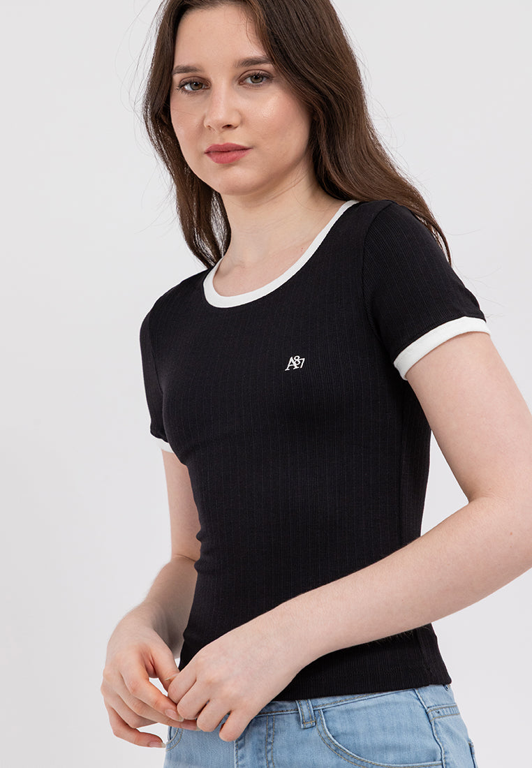 Ribbed Semi-Crop Ringer Tee
