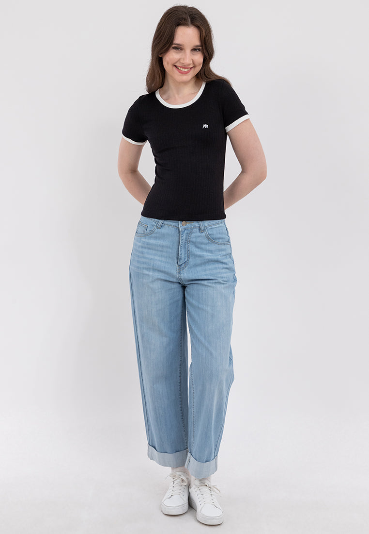 Ribbed Semi-Crop Ringer Tee