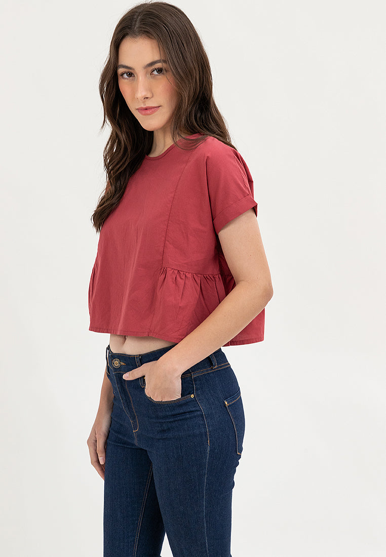 FOLD UP SLEEVE PEPLUM LADIES TOP