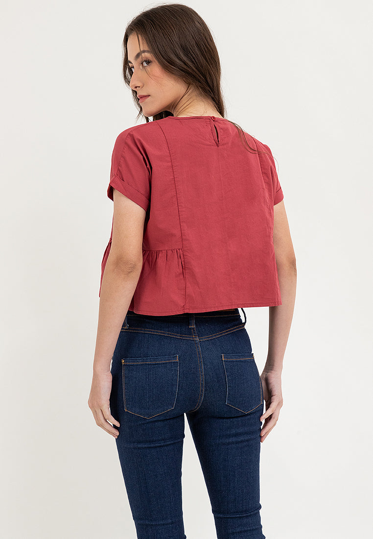 FOLD UP SLEEVE PEPLUM LADIES TOP