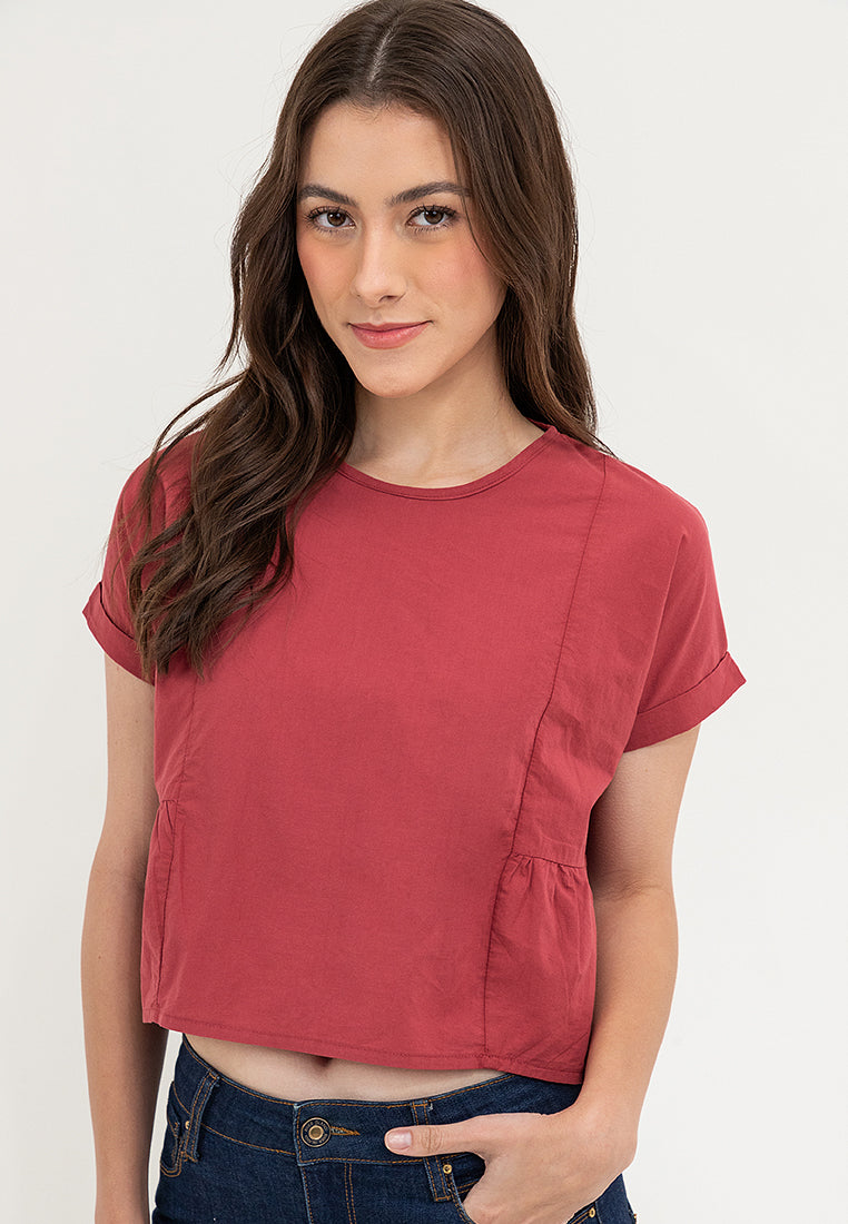 FOLD UP SLEEVE PEPLUM LADIES TOP